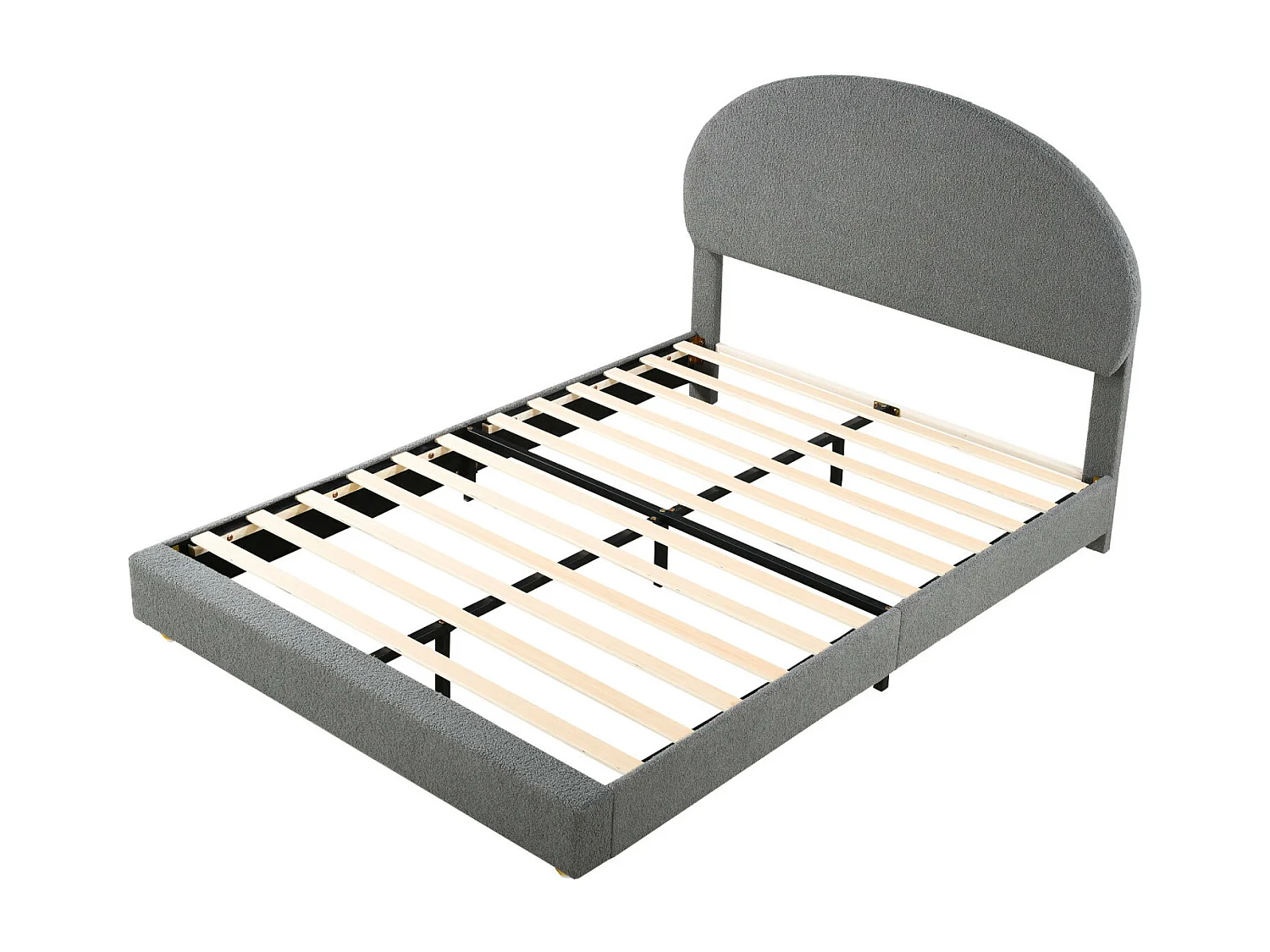 Lit double 140x200cm, lit capitonné avec tête de lit cintrée et sommier à lattes, en velours Teddy, gris
