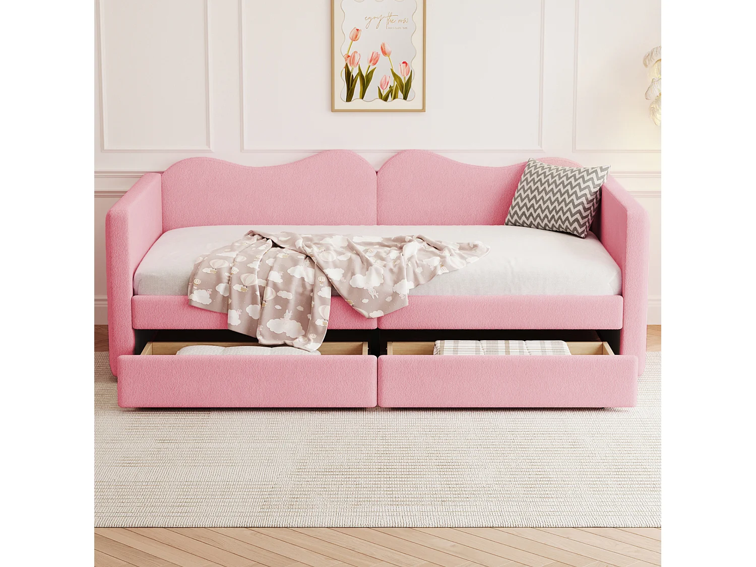 Lit simple 90x200cm, canapé-lit avec 2 tiroirs et sommier à lattes, en tissu ours en peluche, rose