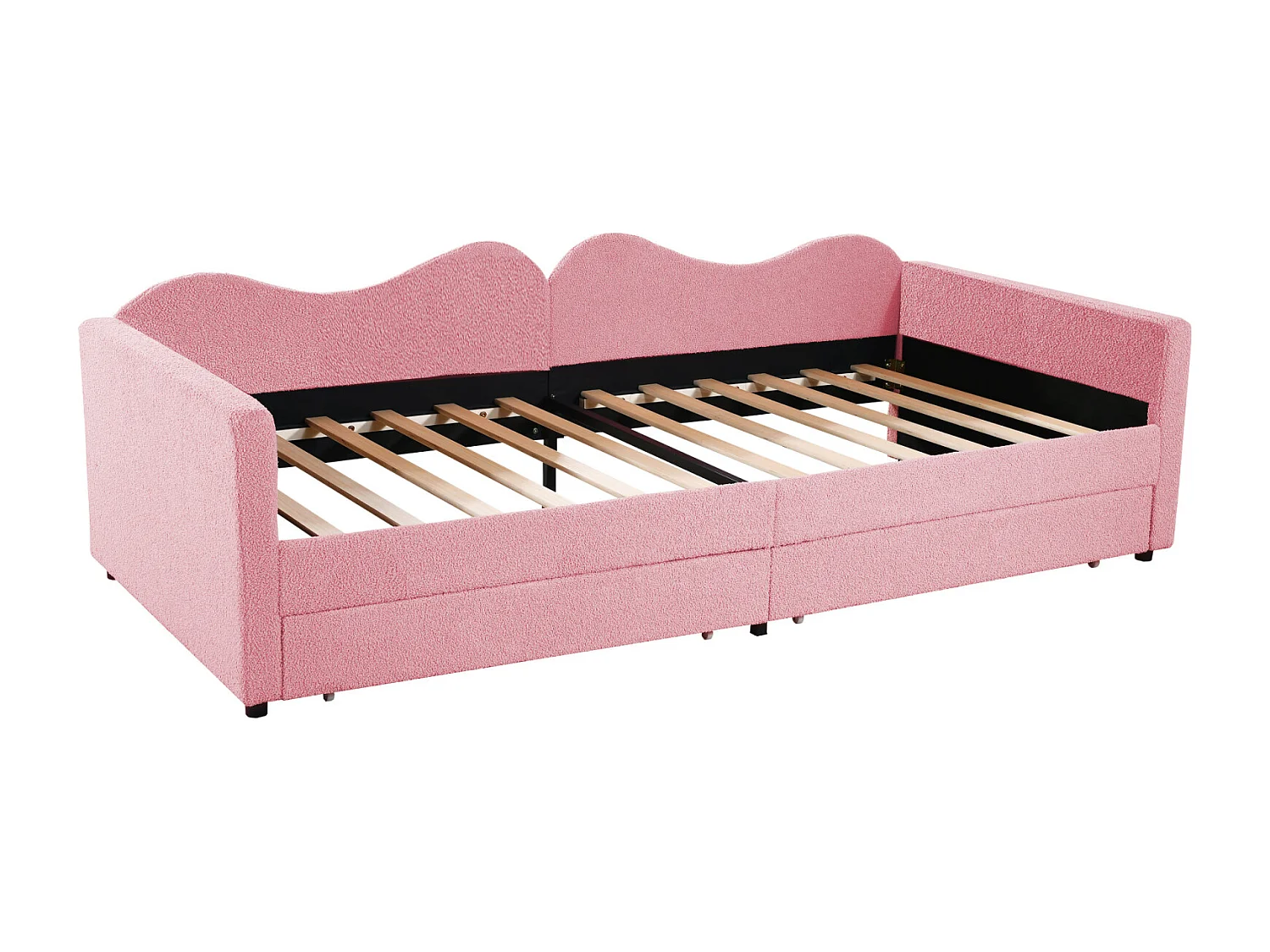 Lit simple 90x200cm, canapé-lit avec 2 tiroirs et sommier à lattes, en tissu ours en peluche, rose