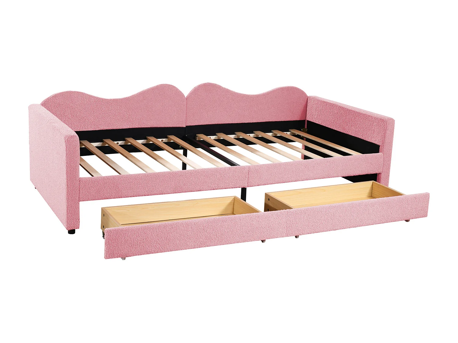 Lit simple 90x200cm, canapé-lit avec 2 tiroirs et sommier à lattes, en tissu ours en peluche, rose