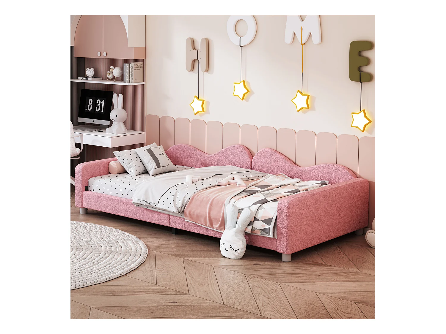 Lit simple d'enfant 90x200cm - lit capitoinné en tissu Teddy avec sommier et dossier et accoudoirs, canapé-lit rose