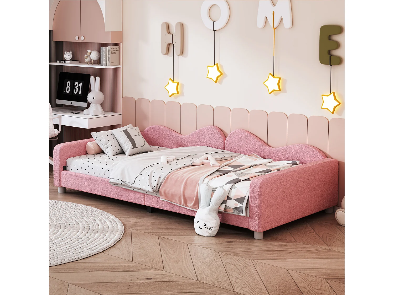 Eenpersoonsbed 90x200cm - Teddy stof bekleed bed met onderstel en rugleuning en armleuningen, roze slaapbank