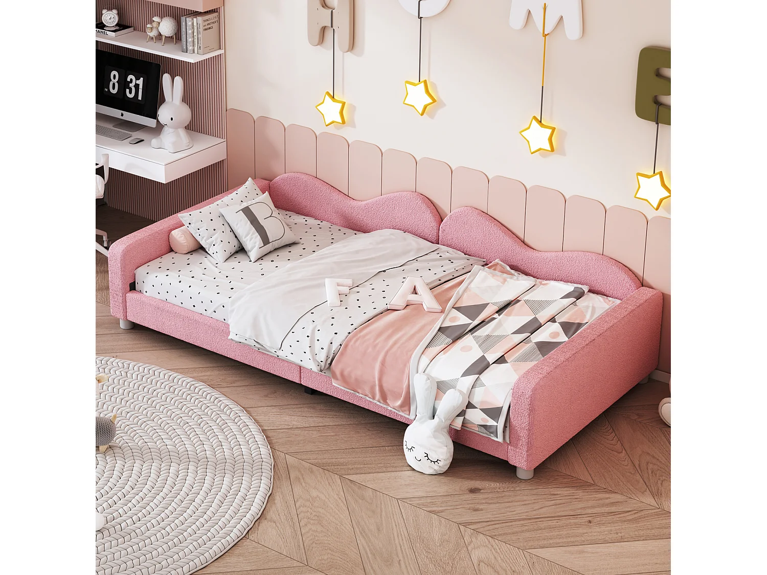Lit simple d'enfant 90x200cm - lit capitoinné en tissu Teddy avec sommier et dossier et accoudoirs, canapé-lit rose