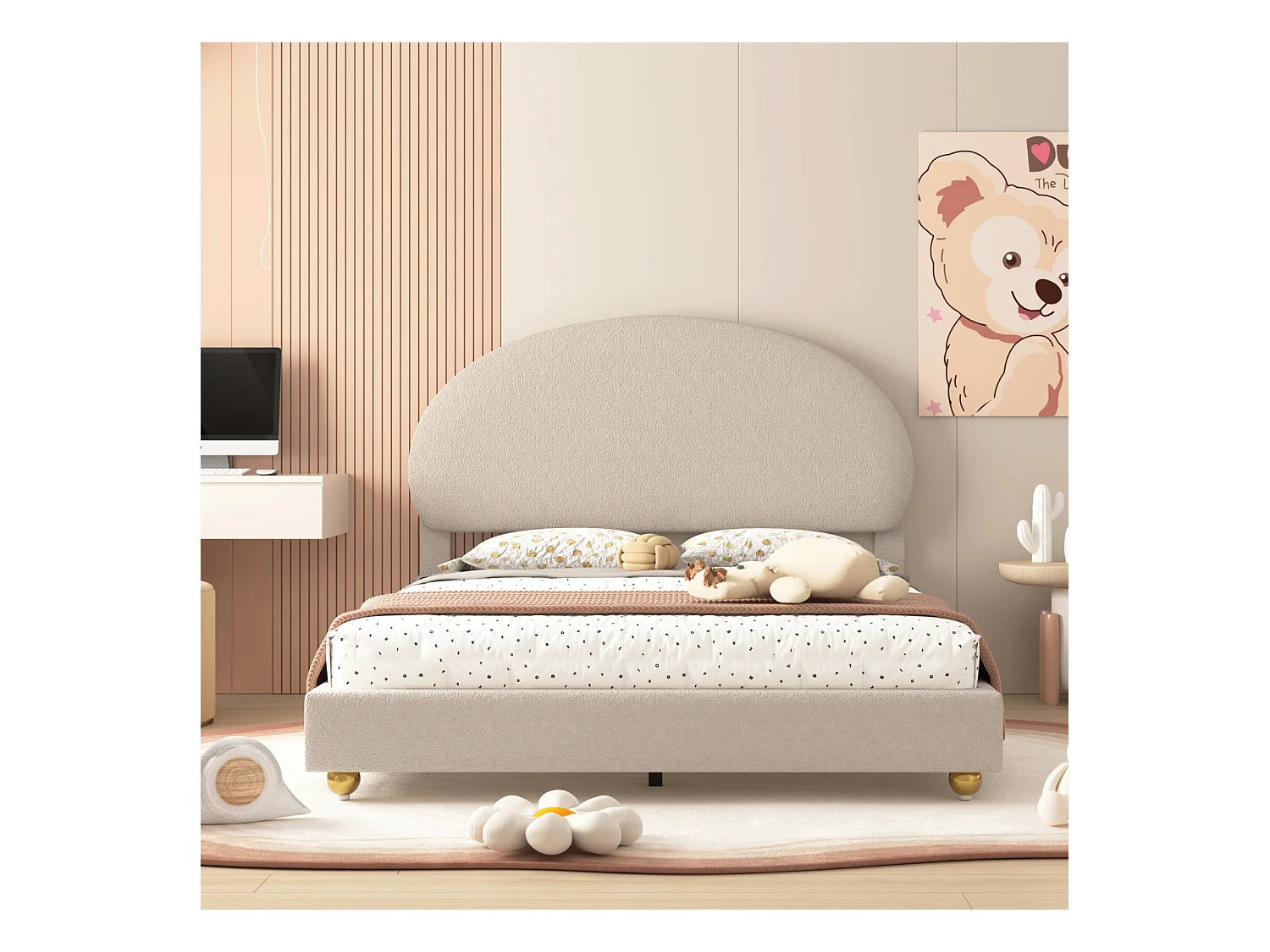 Lit double 140x200cm, lit capitonné avec tête de lit cintrée et sommier à lattes, en velours Teddy, beige