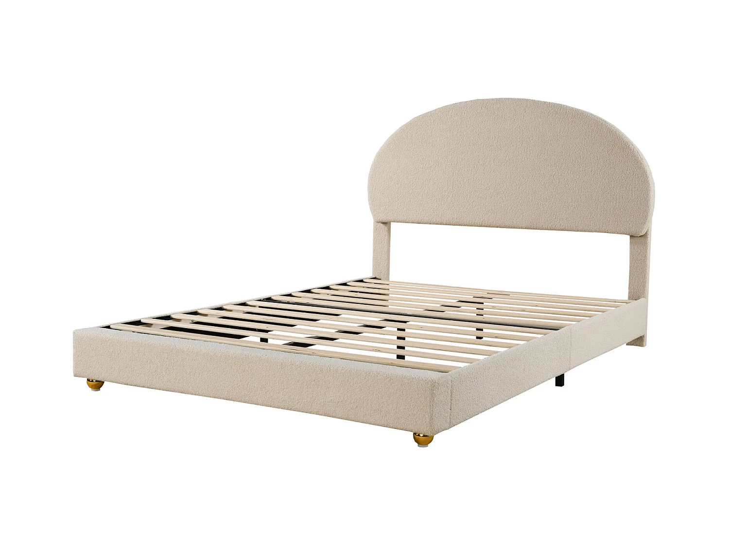Lit double 140x200cm, lit capitonné avec tête de lit cintrée et sommier à lattes, en velours Teddy, beige