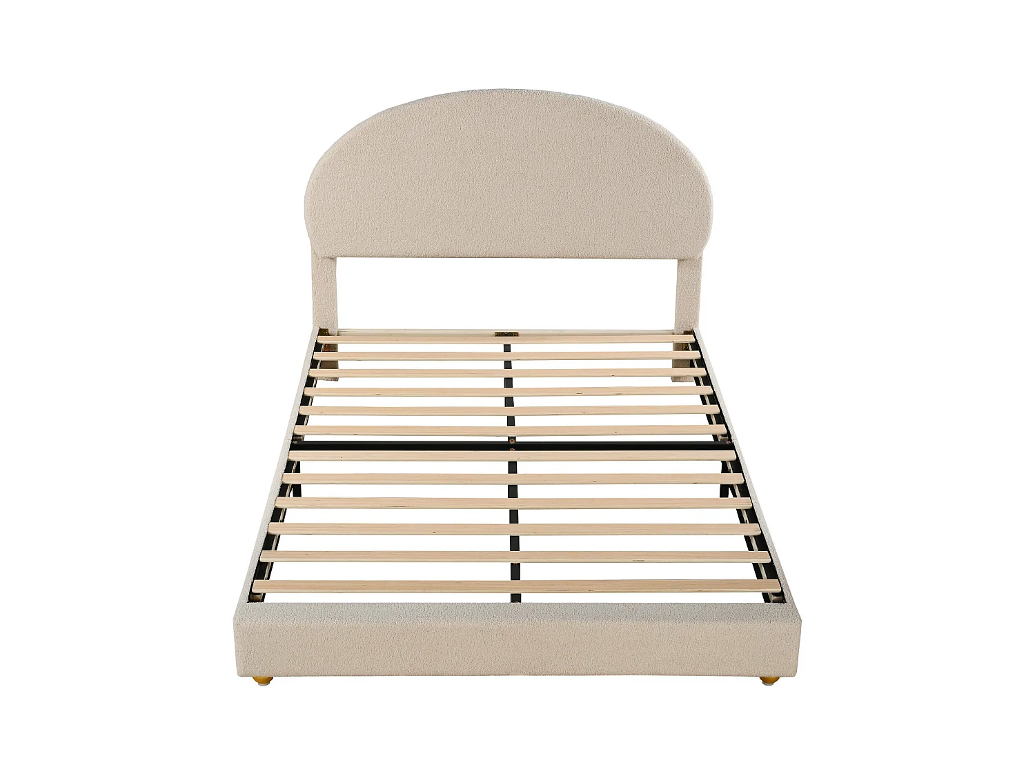 Lit double 140x200cm, lit capitonné avec tête de lit cintrée et sommier à lattes, en velours Teddy, beige