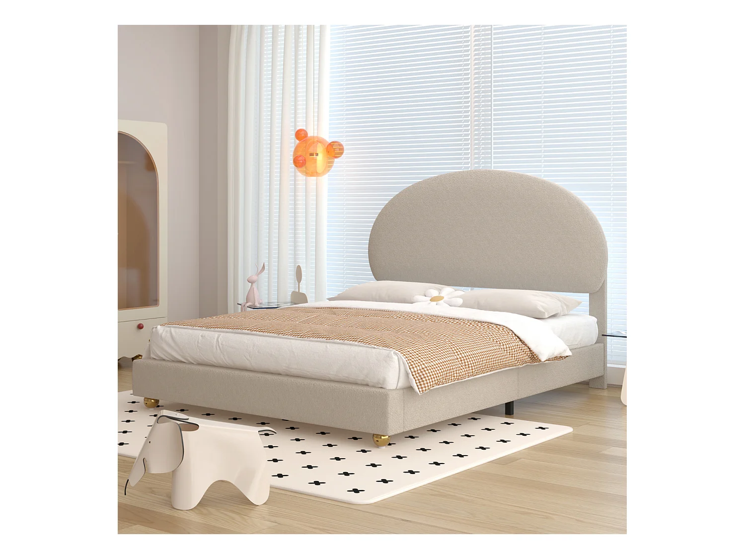 Lit double 140x200cm, lit capitonné avec tête de lit cintrée et sommier à lattes, en velours Teddy, beige
