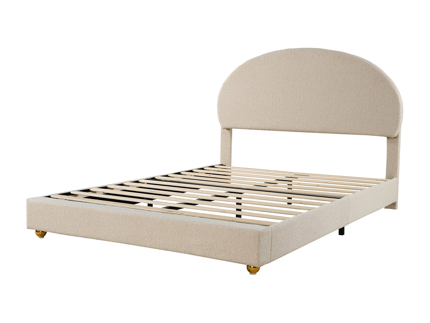 Lit double 140x200cm, lit capitonné avec tête de lit cintrée et sommier à lattes, en velours Teddy, beige