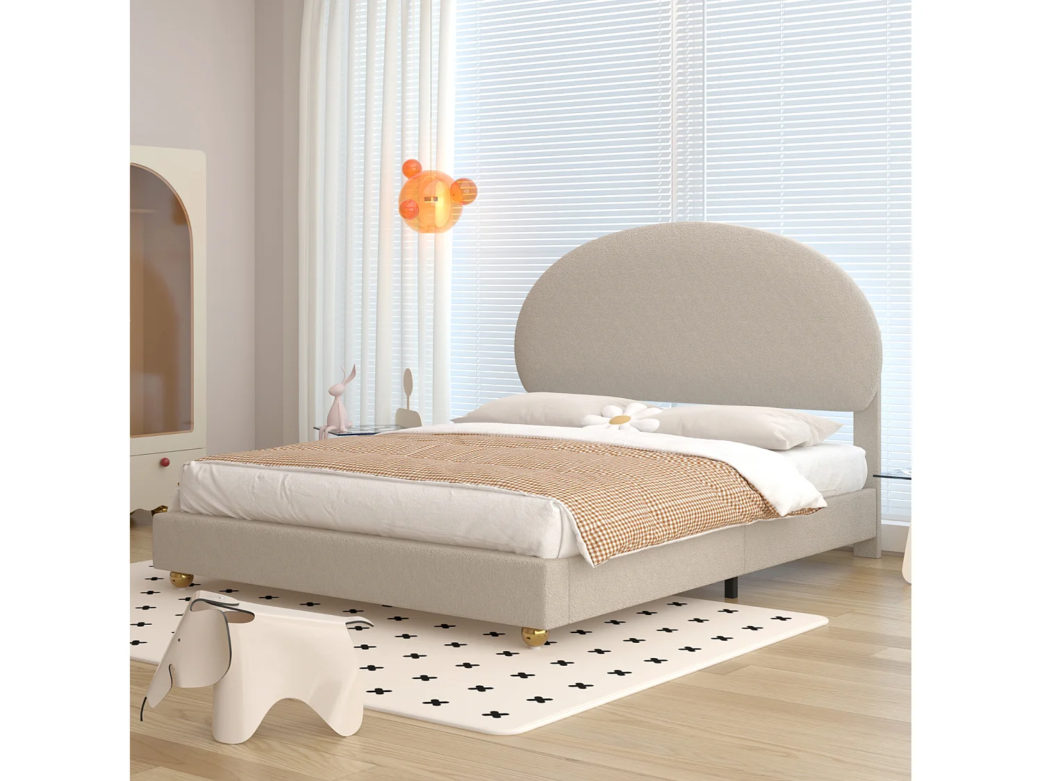 Lit double 140x200cm, lit capitonné avec tête de lit cintrée et sommier à lattes, en velours Teddy, beige