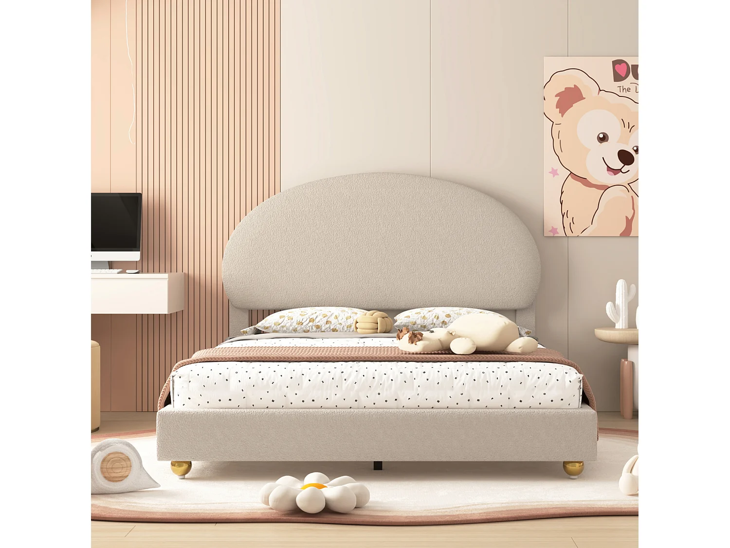 Lit double 140x200cm, lit capitonné avec tête de lit cintrée et sommier à lattes, en velours Teddy, beige