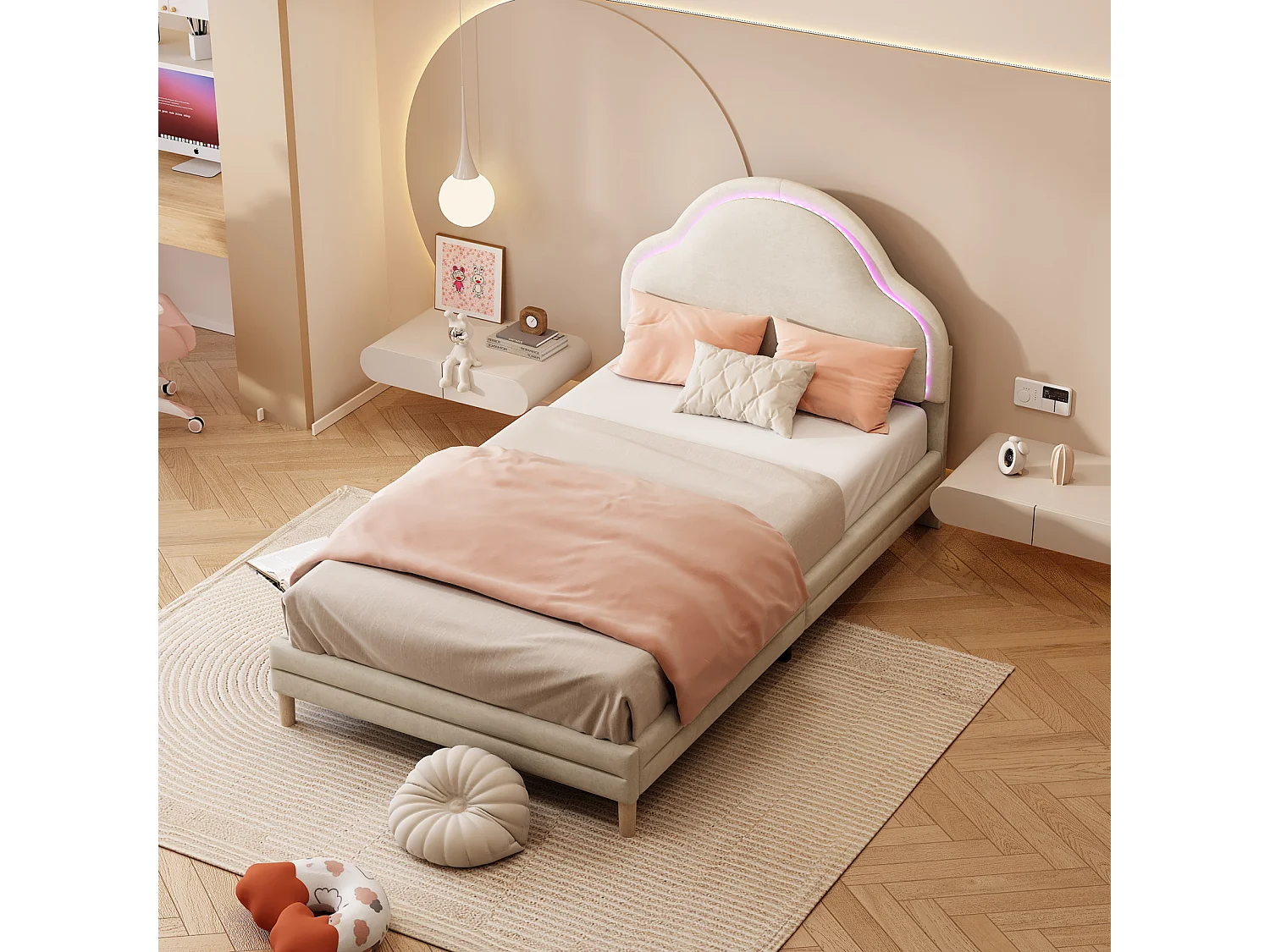 Eenpersoonsbed 90x200cm, fluwelen gestoffeerd bed met LED-strips in verschillende kleuren, lattenbodem en hoofdbord in de vorm van een wolk, beige