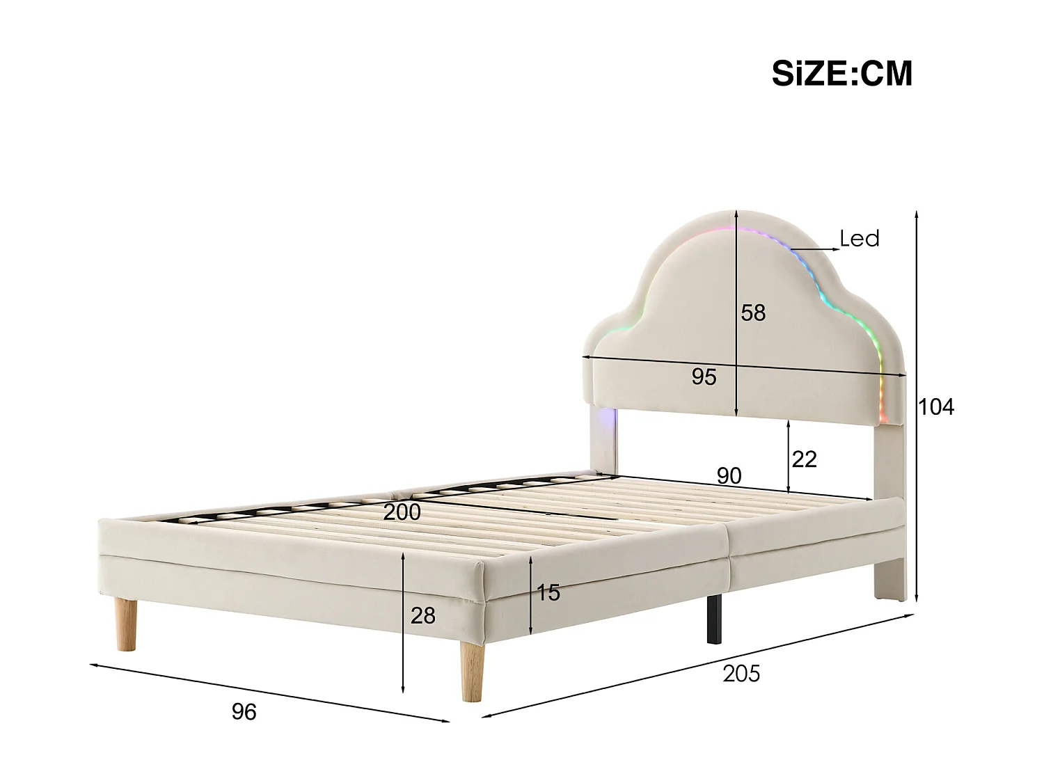 Letto singolo 90x200cm, letto imbottito in velluto con strisce LED in vari colori, rete a doghe e testiera a forma di nuvola, beige