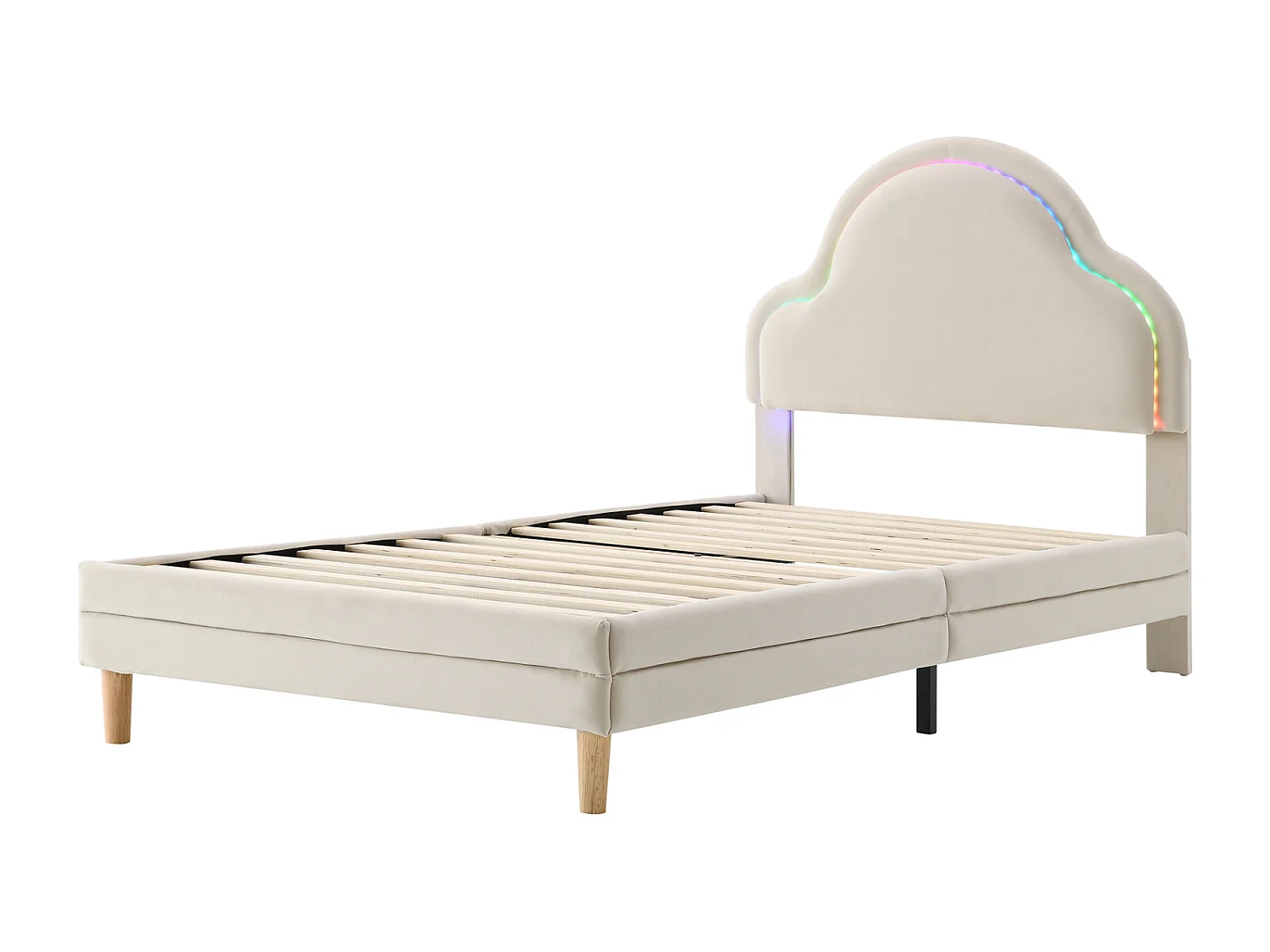 Letto singolo 90x200cm, letto imbottito in velluto con strisce LED in vari colori, rete a doghe e testiera a forma di nuvola, beige