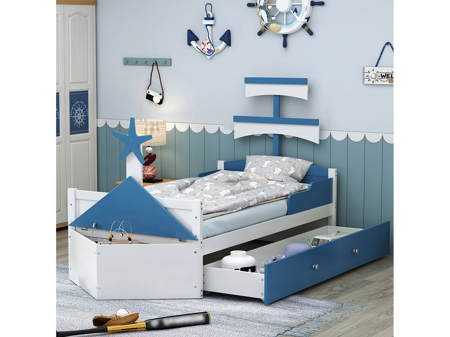 Letto singolo per bambini 90x200cm, struttura a forma di barca a vela con 1 cassetto grande, rete a doghe, armadio contenitore, blu