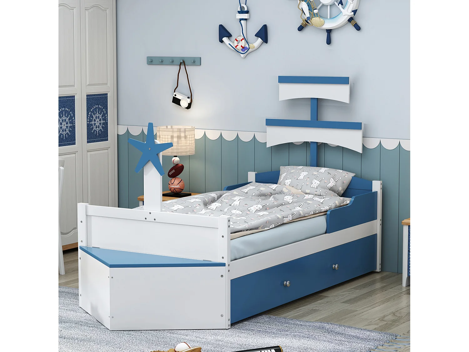 Letto singolo per bambini 90x200cm, struttura a forma di barca a vela con 1 cassetto grande, rete a doghe, armadio contenitore, blu