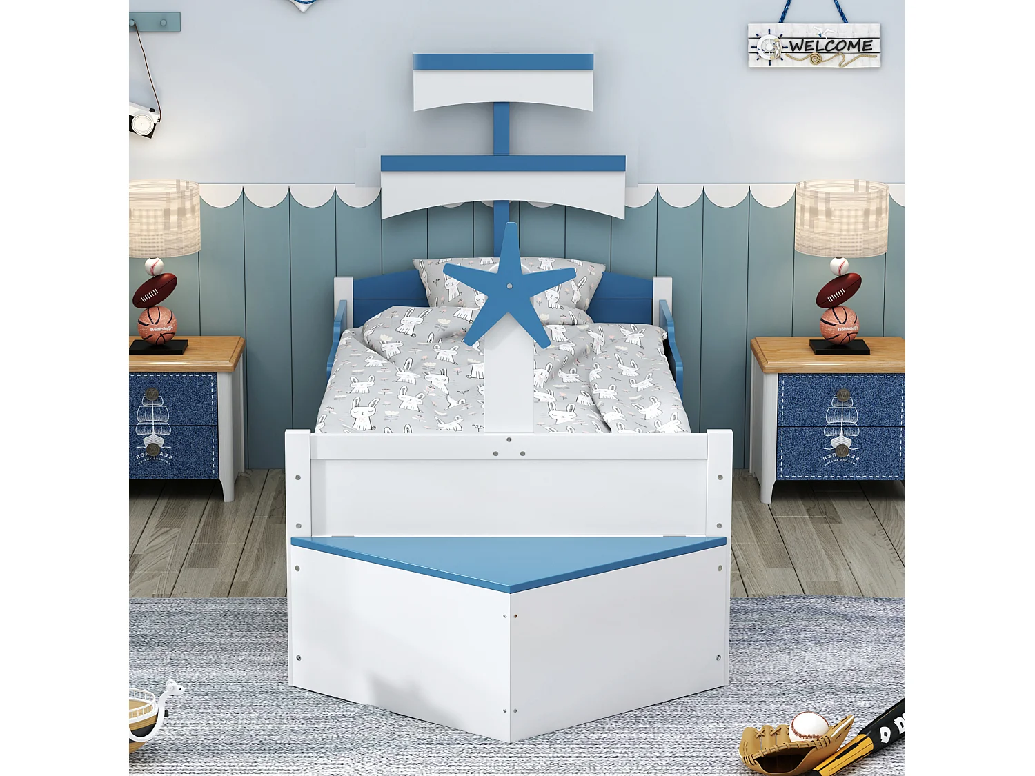Letto singolo per bambini 90x200cm, struttura a forma di barca a vela con 1 cassetto grande, rete a doghe, armadio contenitore, blu