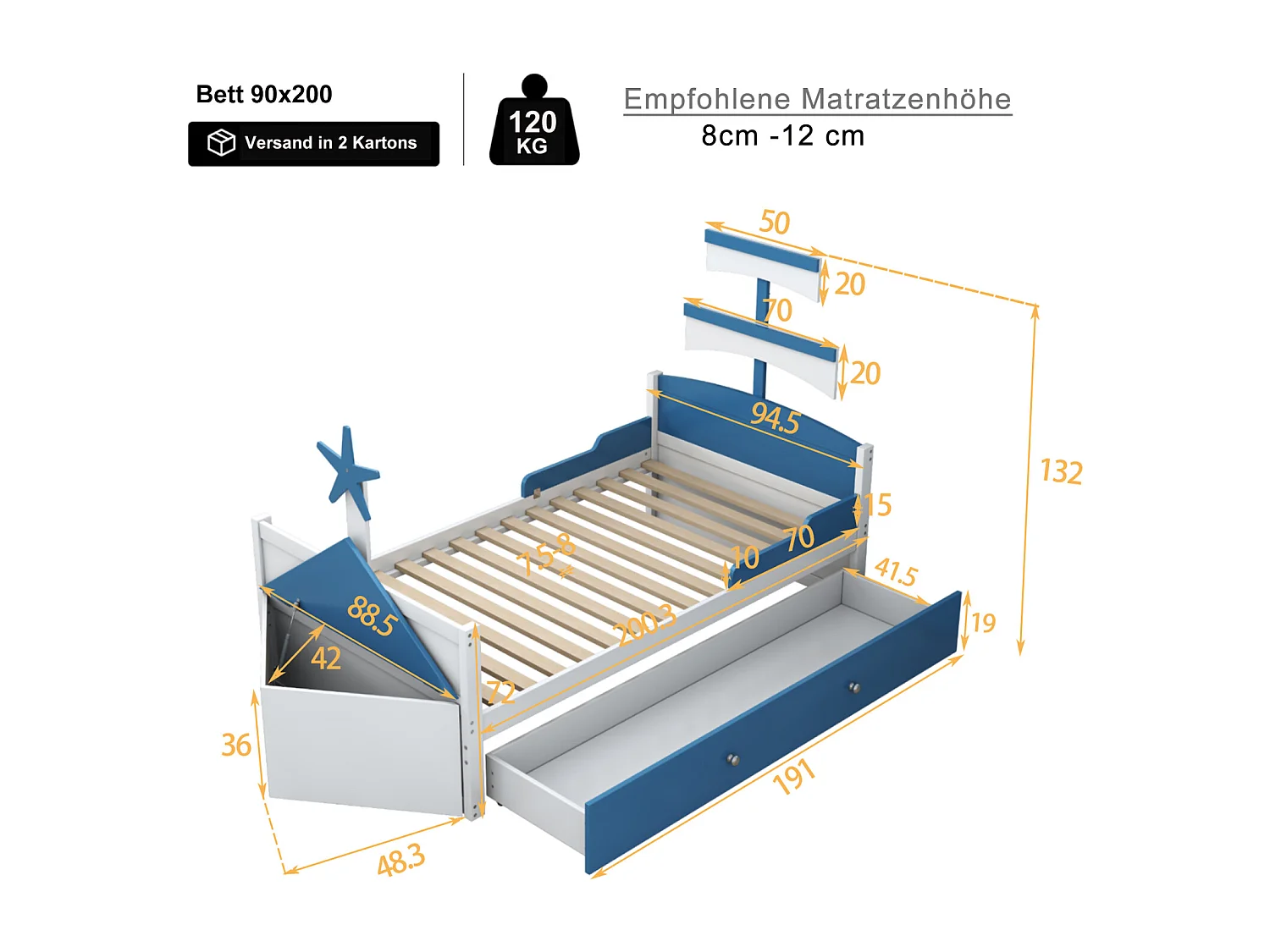 Letto singolo per bambini 90x200cm, struttura a forma di barca a vela con 1 cassetto grande, rete a doghe, armadio contenitore, blu