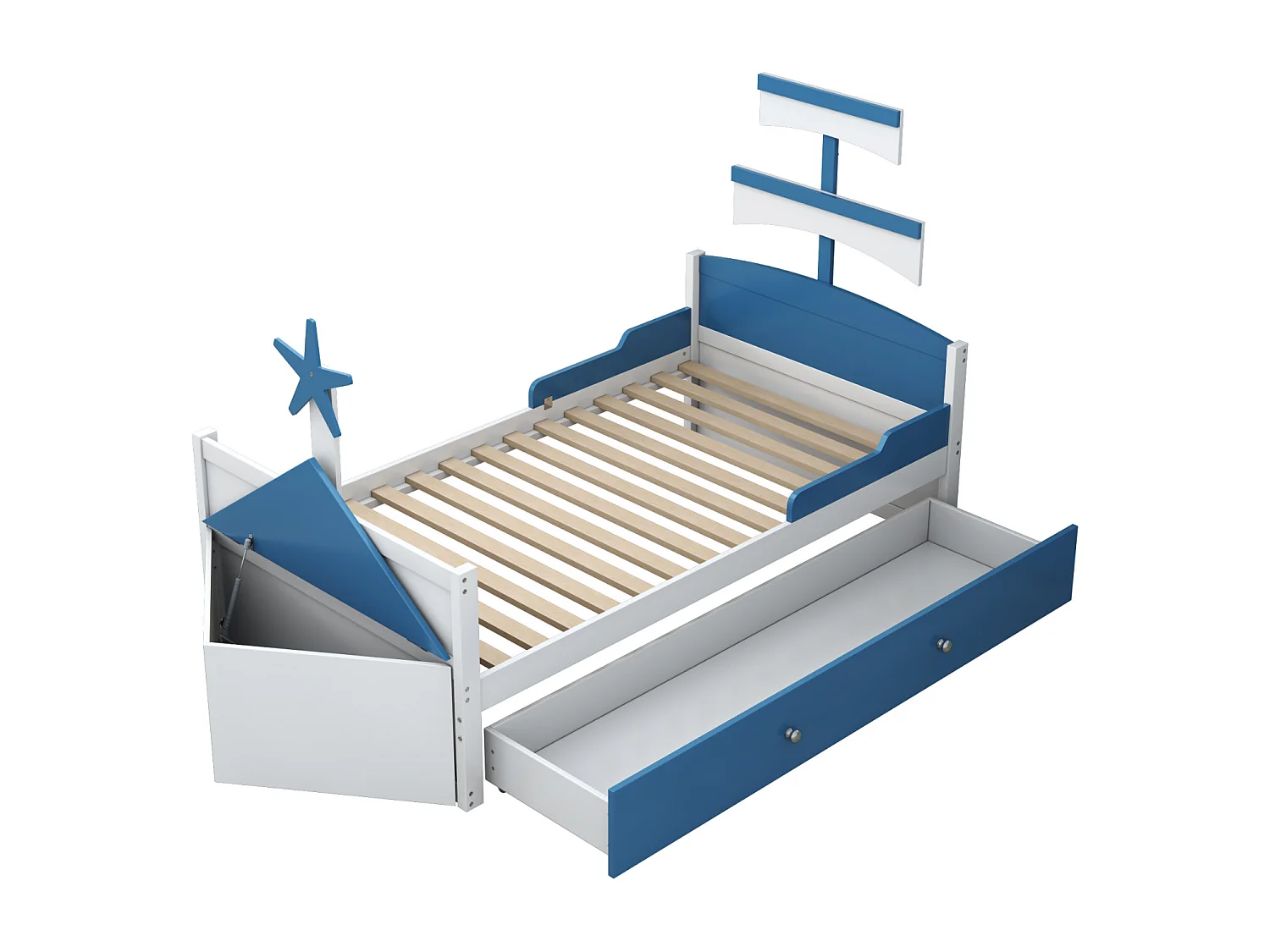 Letto singolo per bambini 90x200cm, struttura a forma di barca a vela con 1 cassetto grande, rete a doghe, armadio contenitore, blu