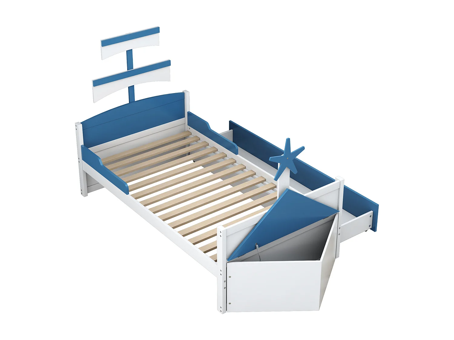 Letto singolo per bambini 90x200cm, struttura a forma di barca a vela con 1 cassetto grande, rete a doghe, armadio contenitore, blu