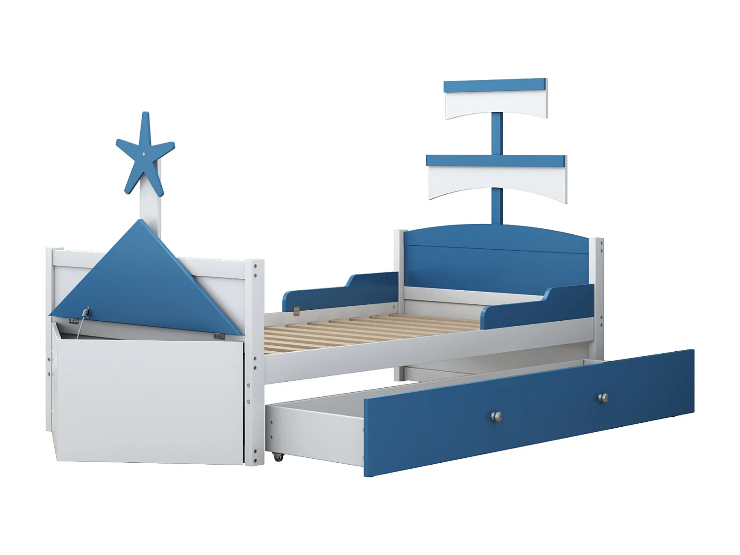 Letto singolo per bambini 90x200cm, struttura a forma di barca a vela con 1 cassetto grande, rete a doghe, armadio contenitore, blu