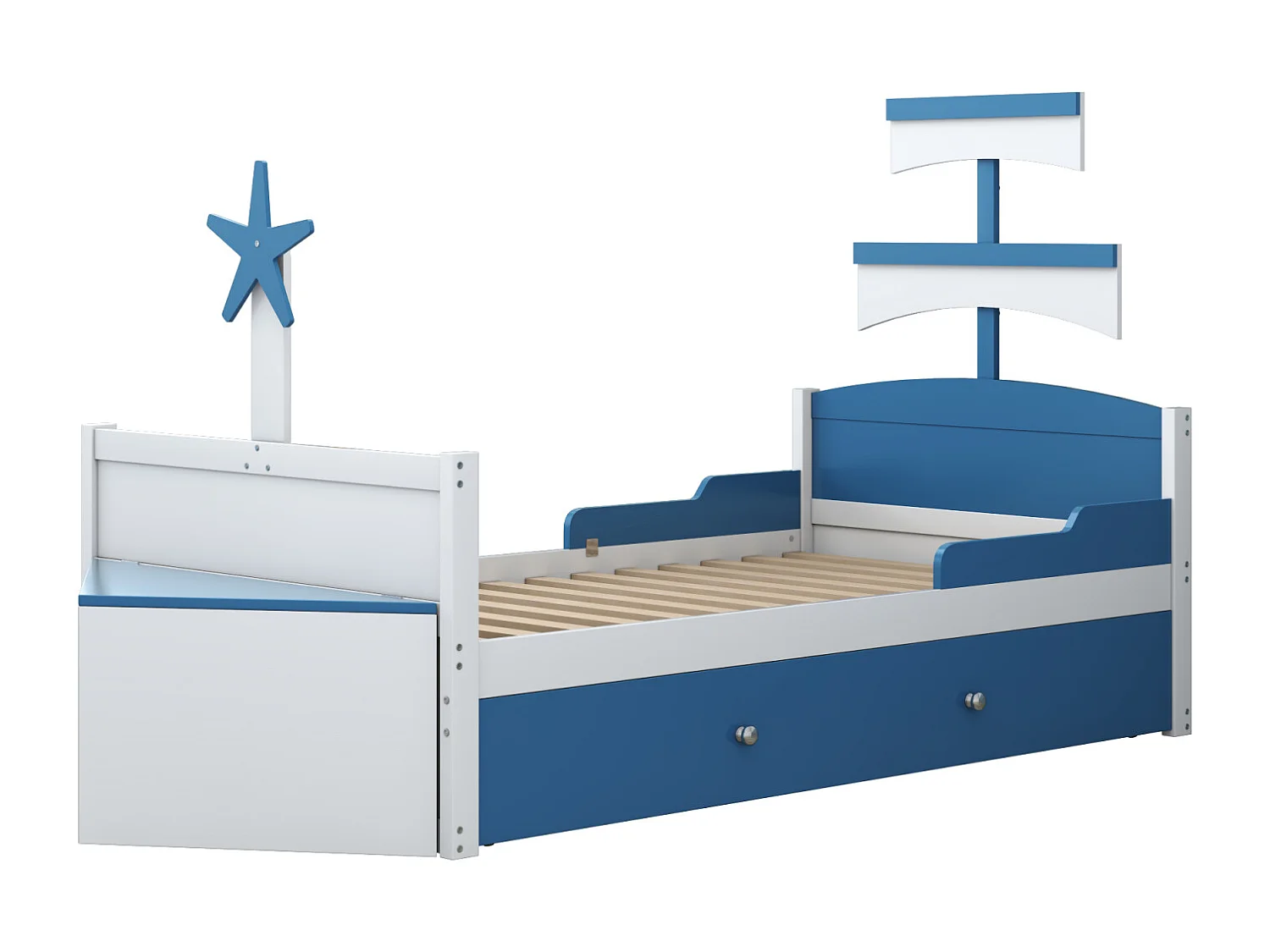 Letto singolo per bambini 90x200cm, struttura a forma di barca a vela con 1 cassetto grande, rete a doghe, armadio contenitore, blu