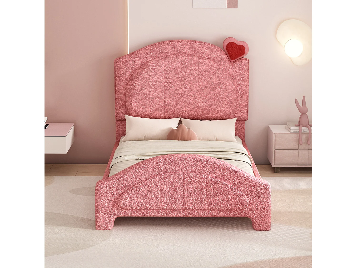 Cama individual 90x200cm, cama infantil tapizada con somier de láminas y cabecero regulable con corazón, tejido osito, color rosa