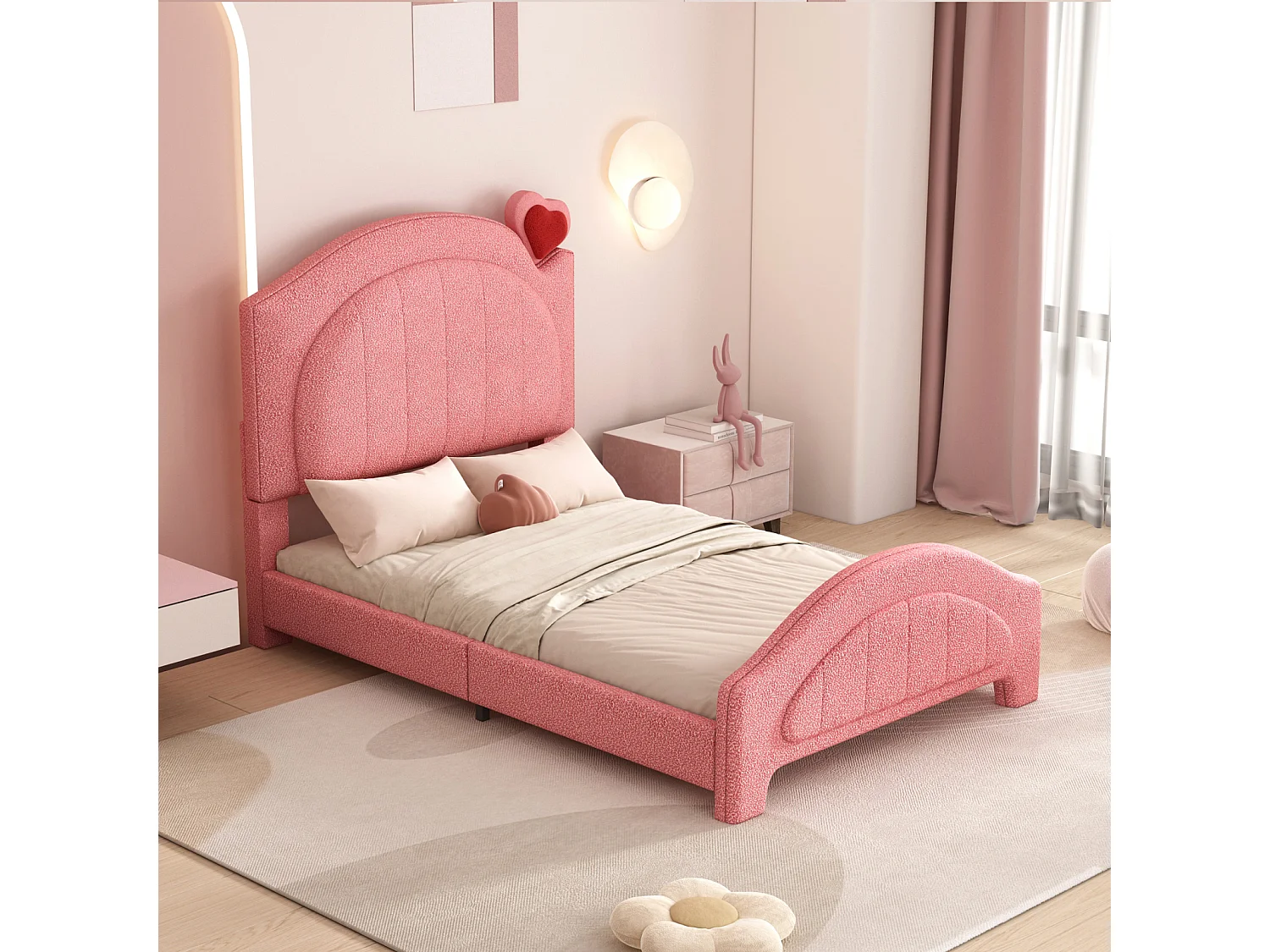 Cama individual 90x200cm, cama infantil tapizada con somier de láminas y cabecero regulable con corazón, tejido osito, color rosa
