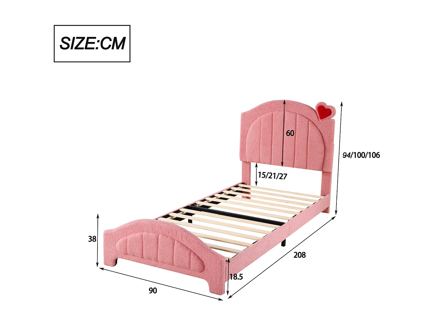 Cama individual 90x200cm, cama infantil tapizada con somier de láminas y cabecero regulable con corazón, tejido osito, color rosa