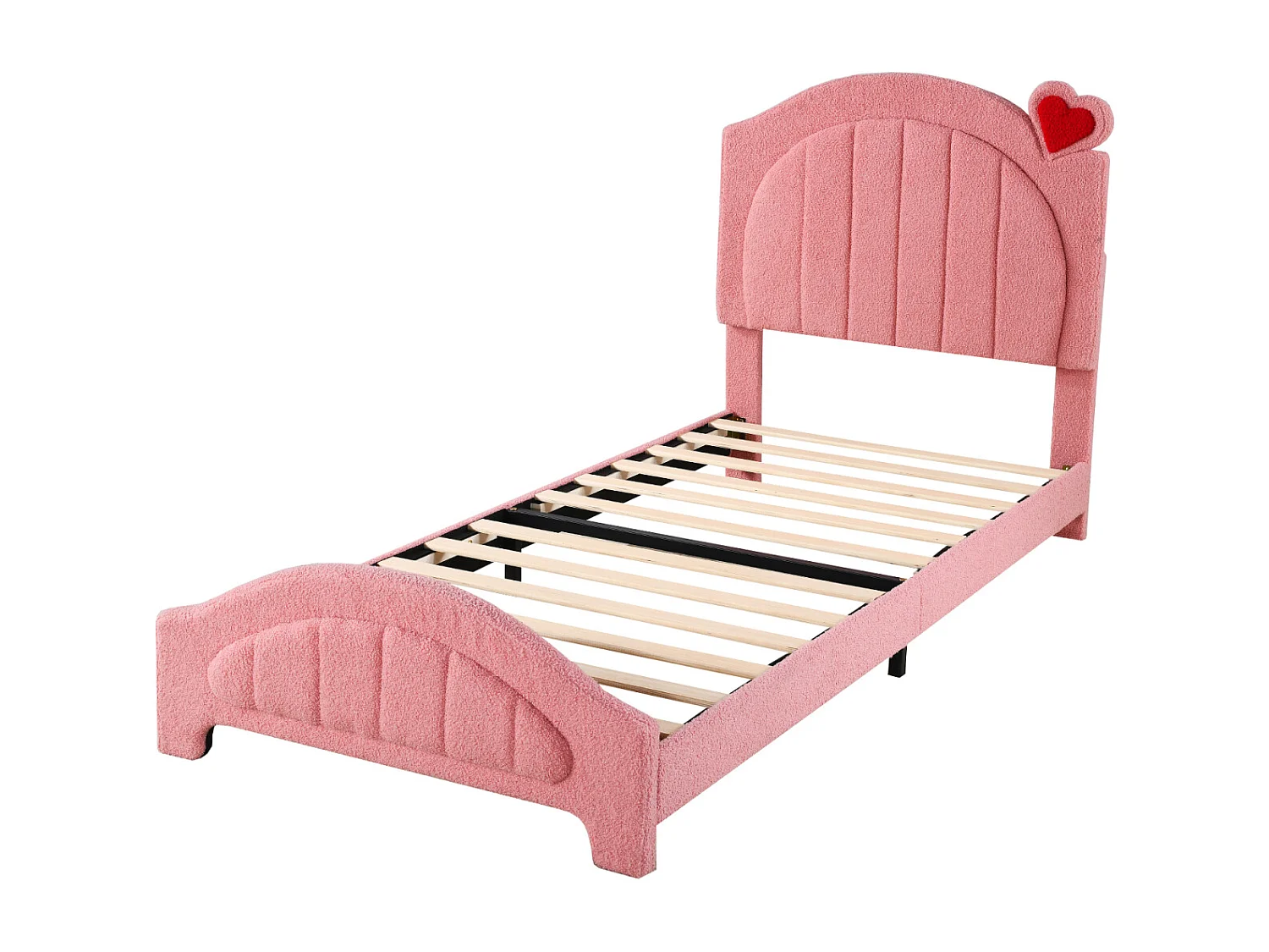 Cama individual 90x200cm, cama infantil tapizada con somier de láminas y cabecero regulable con corazón, tejido osito, color rosa