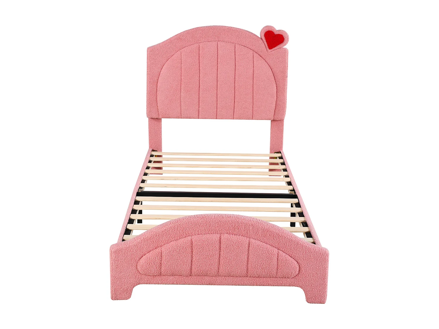 Cama individual 90x200cm, cama infantil tapizada con somier de láminas y cabecero regulable con corazón, tejido osito, color rosa