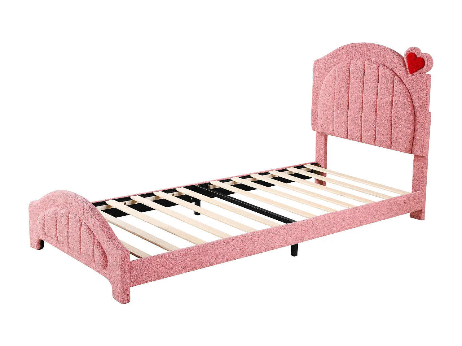 Cama individual 90x200cm, cama infantil tapizada con somier de láminas y cabecero regulable con corazón, tejido osito, color rosa