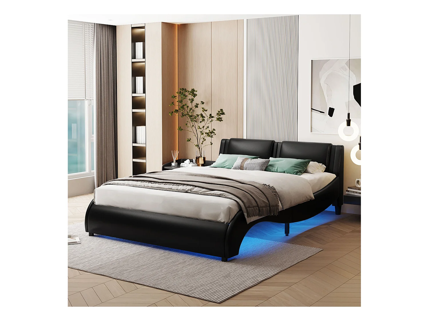 Lit adulte capitonné 140x200cm, lit en similicuir, cadre de lit lumineux LED, sommiers à lattes, tête de lit, Noir