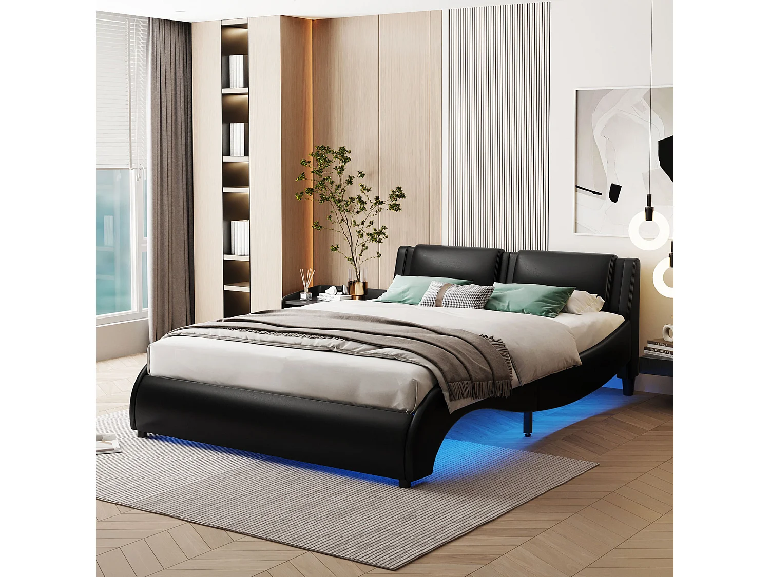 140x200cm gestoffeerd volwassen bed, kunstlederen bed, led-verlicht bedframe, lattenbodem, hoofdeinde, zwart
