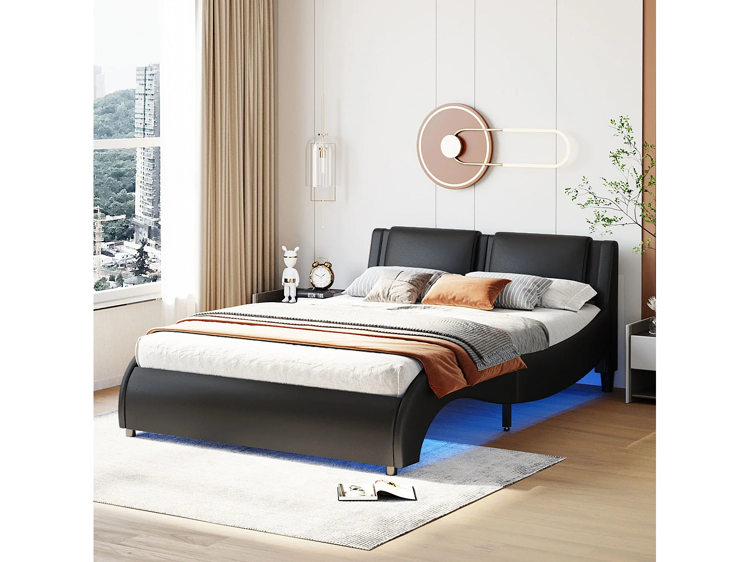140x200cm gestoffeerd volwassen bed, kunstlederen bed, led-verlicht bedframe, lattenbodem, hoofdeinde, zwart