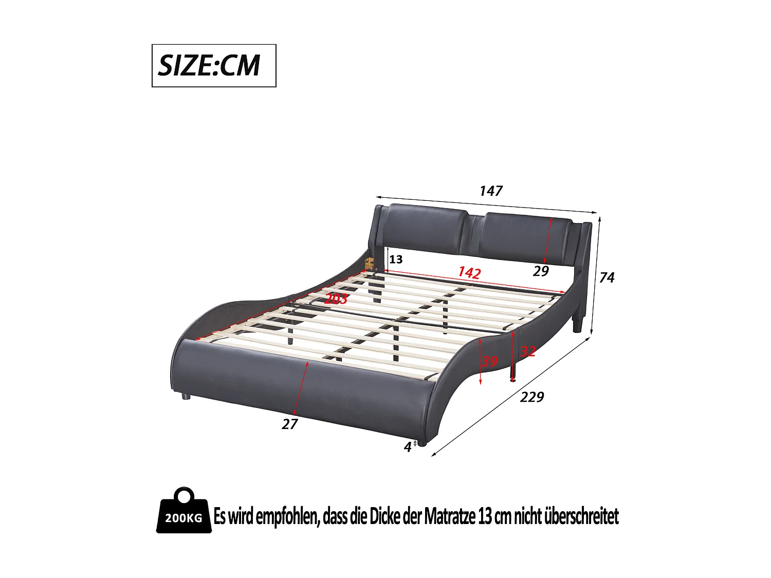140x200cm gestoffeerd volwassen bed, kunstlederen bed, led-verlicht bedframe, lattenbodem, hoofdeinde, zwart
