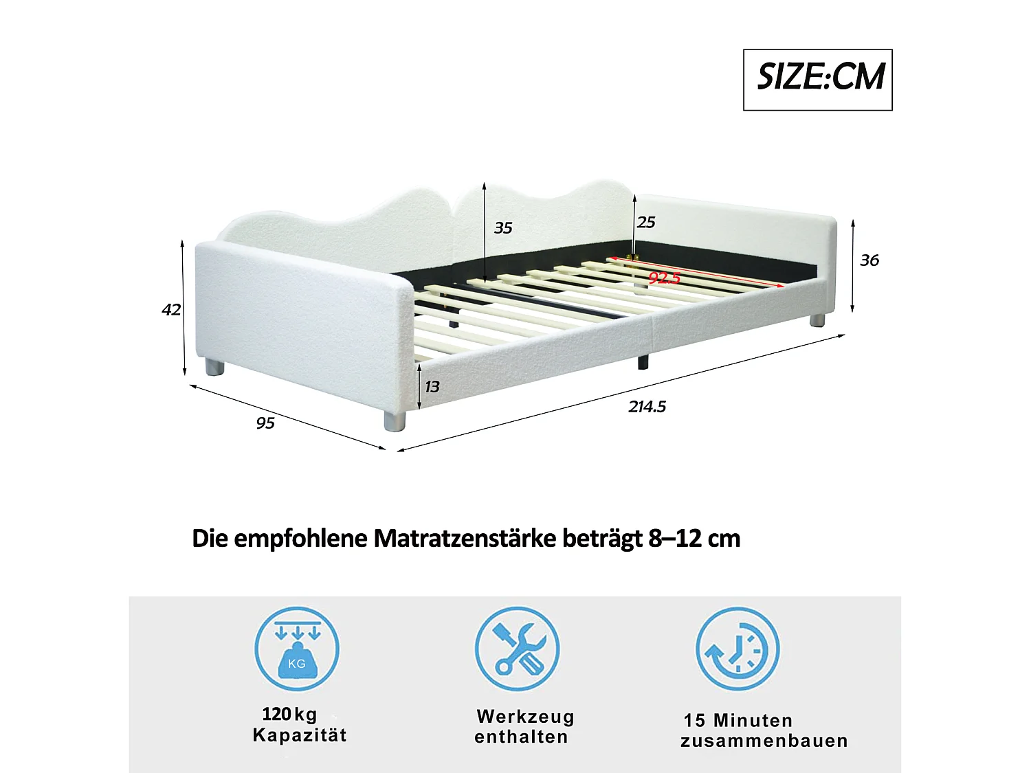 Eenpersoonsbed 90x200cm - Teddy stof bekleed bed met onderstel en rugleuning en armleuningen, witte slaapbank