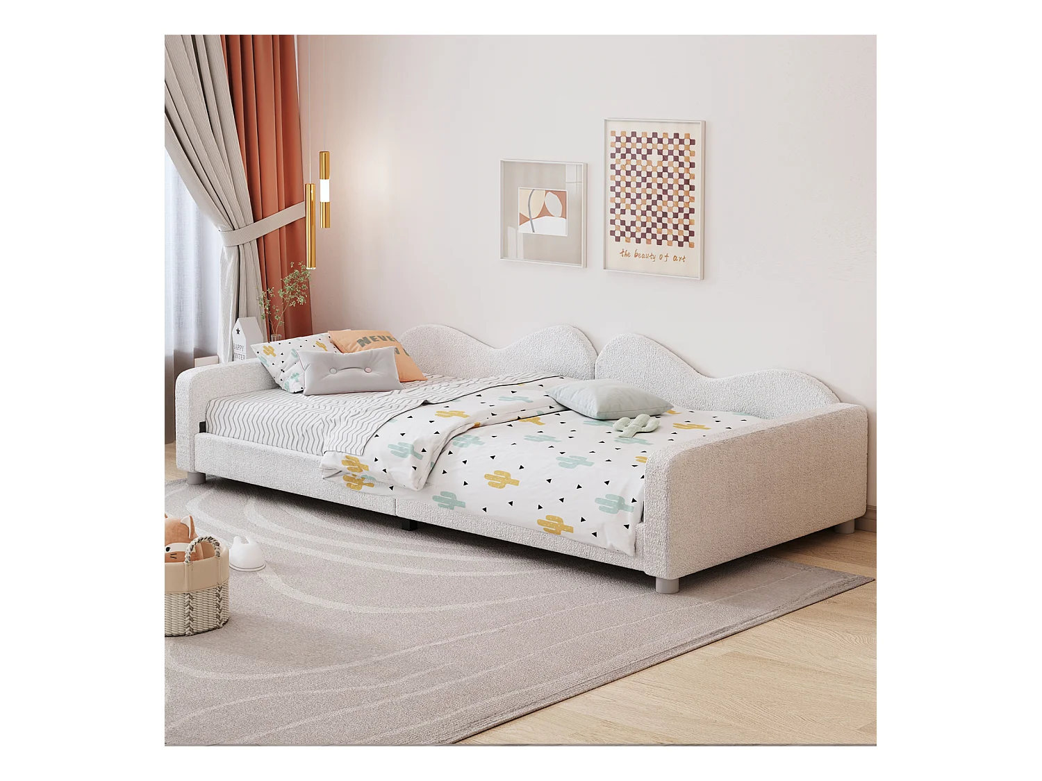 Lit simple d'enfant 90x200cm - lit capitoinné en tissu Teddy avec sommier et dossier et accoudoirs, canapé-lit blanc