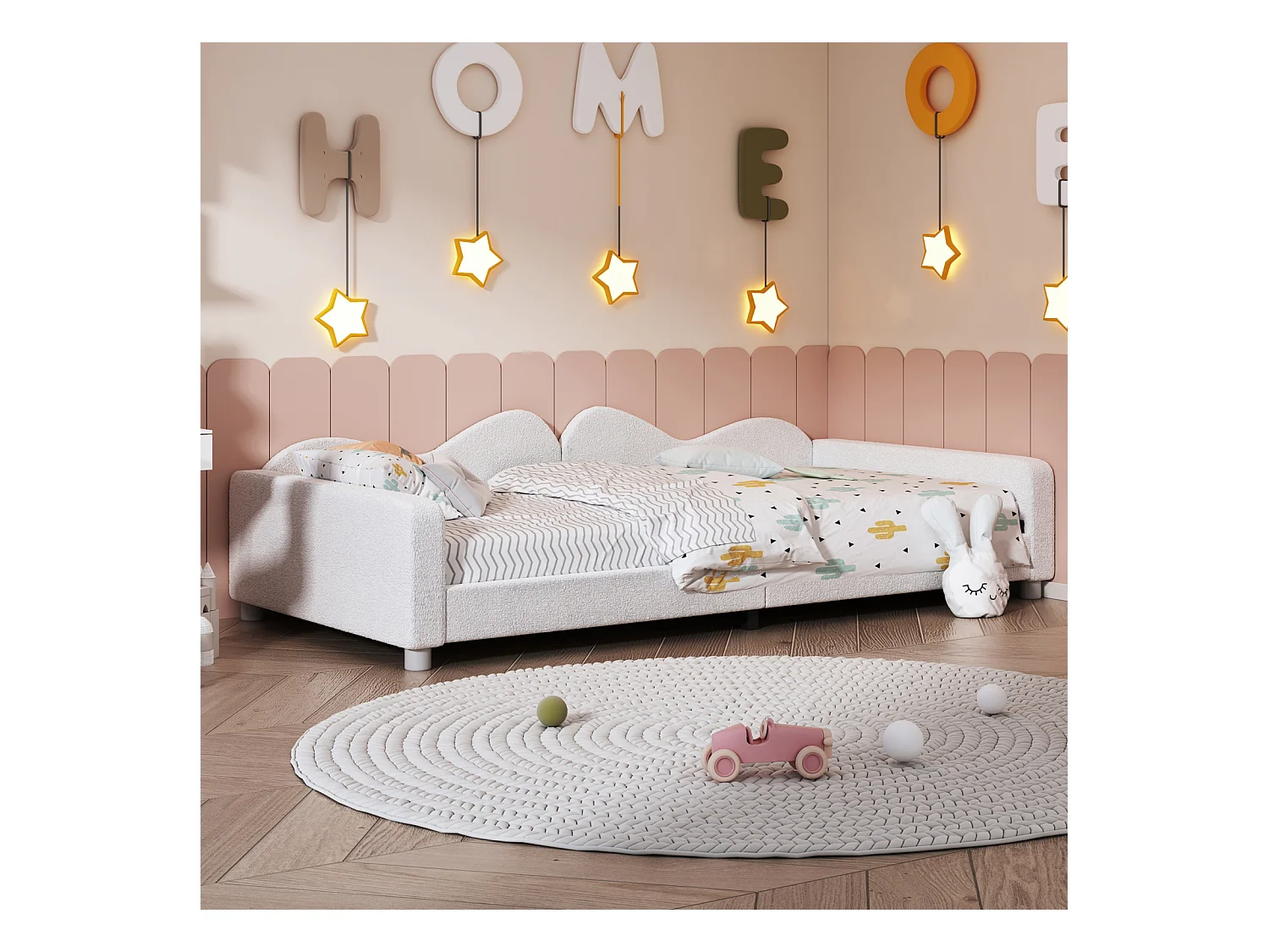 Lit simple d'enfant 90x200cm - lit capitoinné en tissu Teddy avec sommier et dossier et accoudoirs, canapé-lit blanc