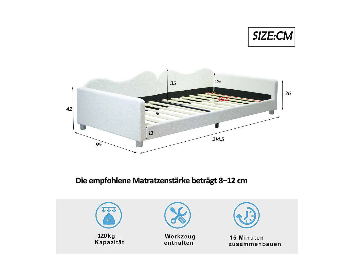 Lit simple d'enfant 90x200cm - lit capitoinné en tissu Teddy avec sommier et dossier et accoudoirs, canapé-lit blanc