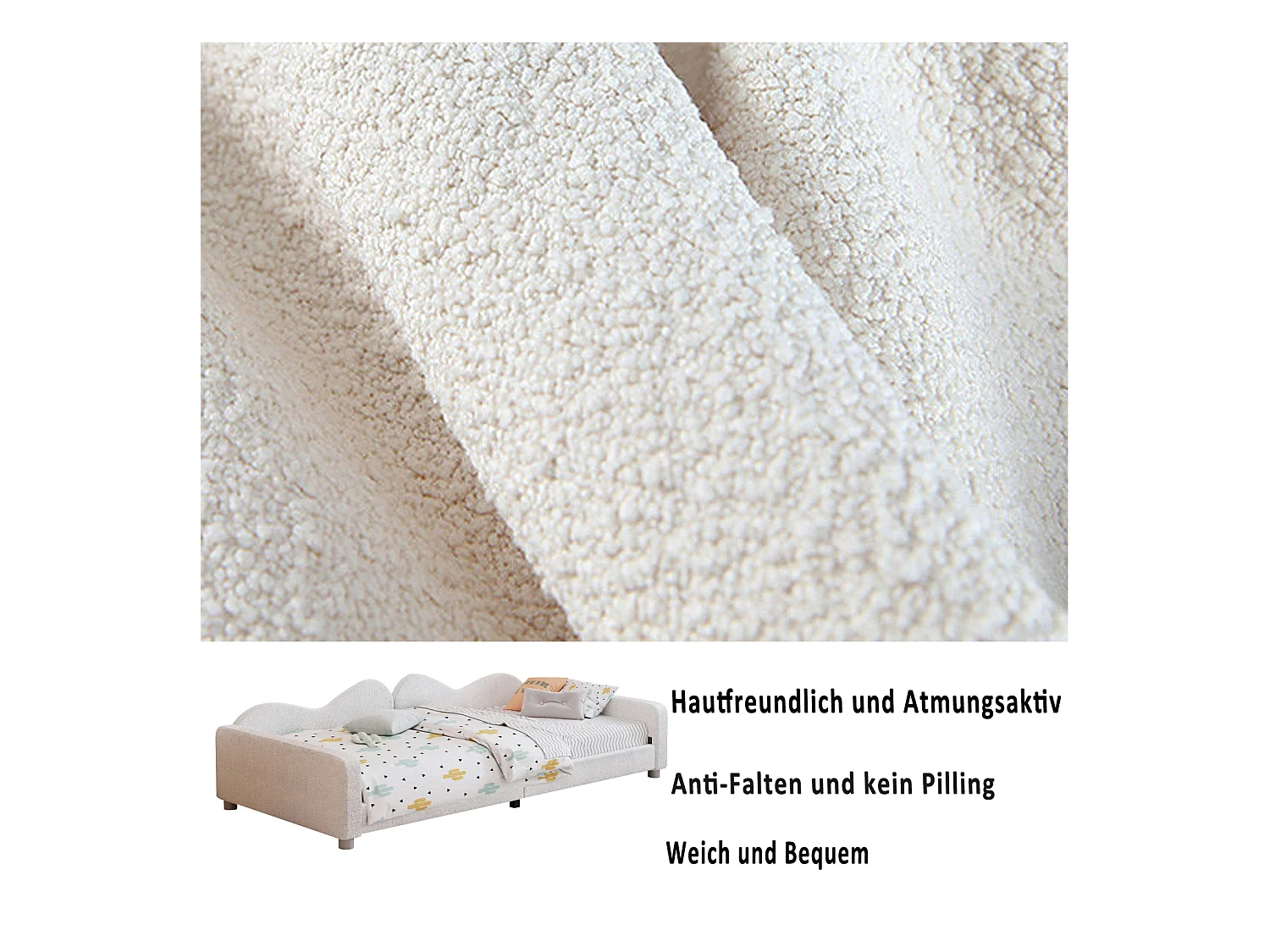 Lit simple d'enfant 90x200cm - lit capitoinné en tissu Teddy avec sommier et dossier et accoudoirs, canapé-lit blanc