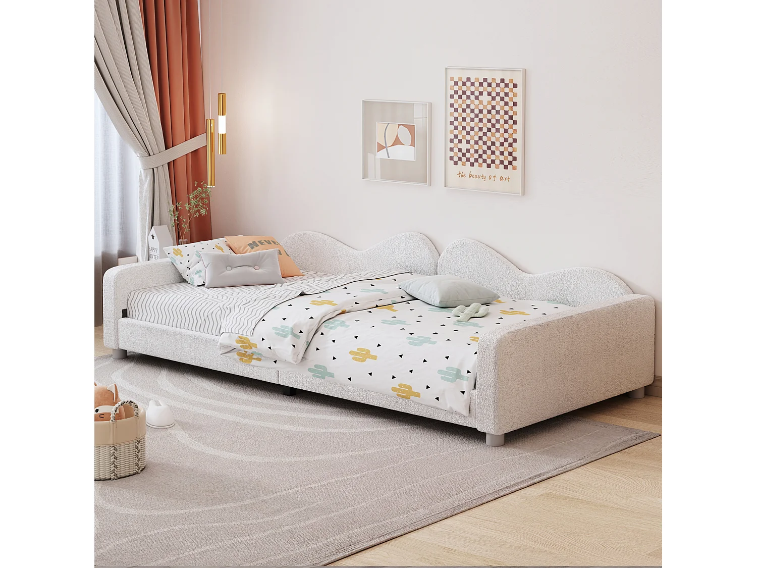 Lit simple d'enfant 90x200cm - lit capitoinné en tissu Teddy avec sommier et dossier et accoudoirs, canapé-lit blanc