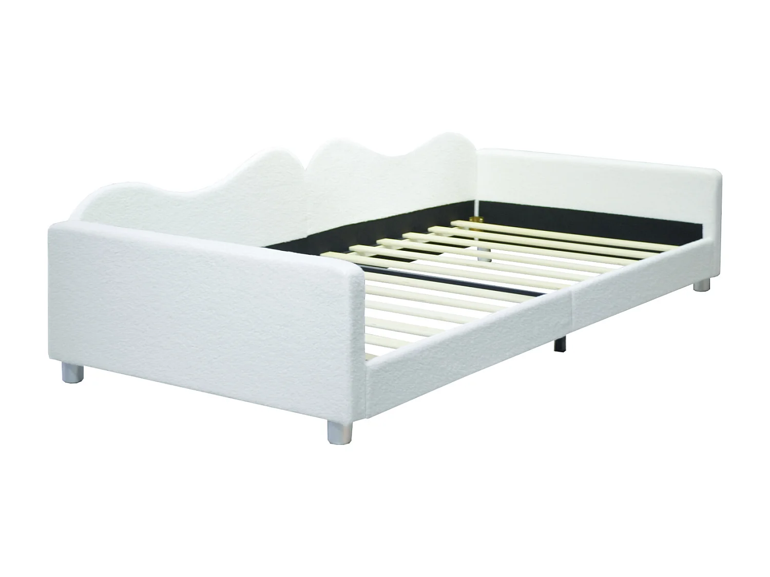 Lit simple d'enfant 90x200cm - lit capitoinné en tissu Teddy avec sommier et dossier et accoudoirs, canapé-lit blanc