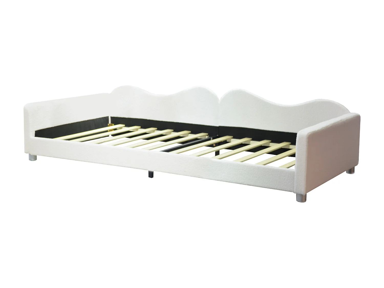 Lit simple d'enfant 90x200cm - lit capitoinné en tissu Teddy avec sommier et dossier et accoudoirs, canapé-lit blanc