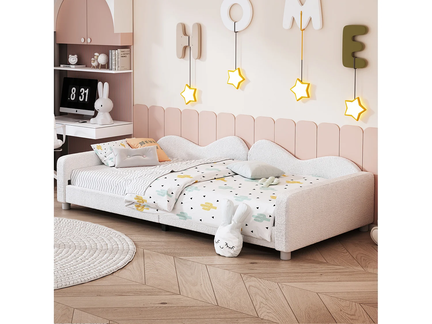 Lit simple d'enfant 90x200cm - lit capitoinné en tissu Teddy avec sommier et dossier et accoudoirs, canapé-lit blanc