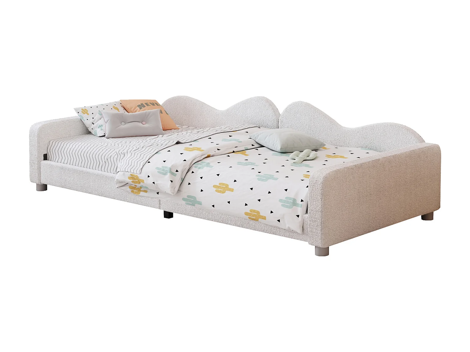 Lit simple d'enfant 90x200cm - lit capitoinné en tissu Teddy avec sommier et dossier et accoudoirs, canapé-lit blanc