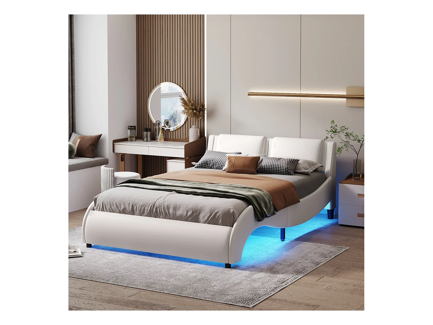 Lit adulte capitonné 140x200cm, lit en similicuir, cadre de lit lumineux LED, sommiers à lattes, tête de lit, blanc