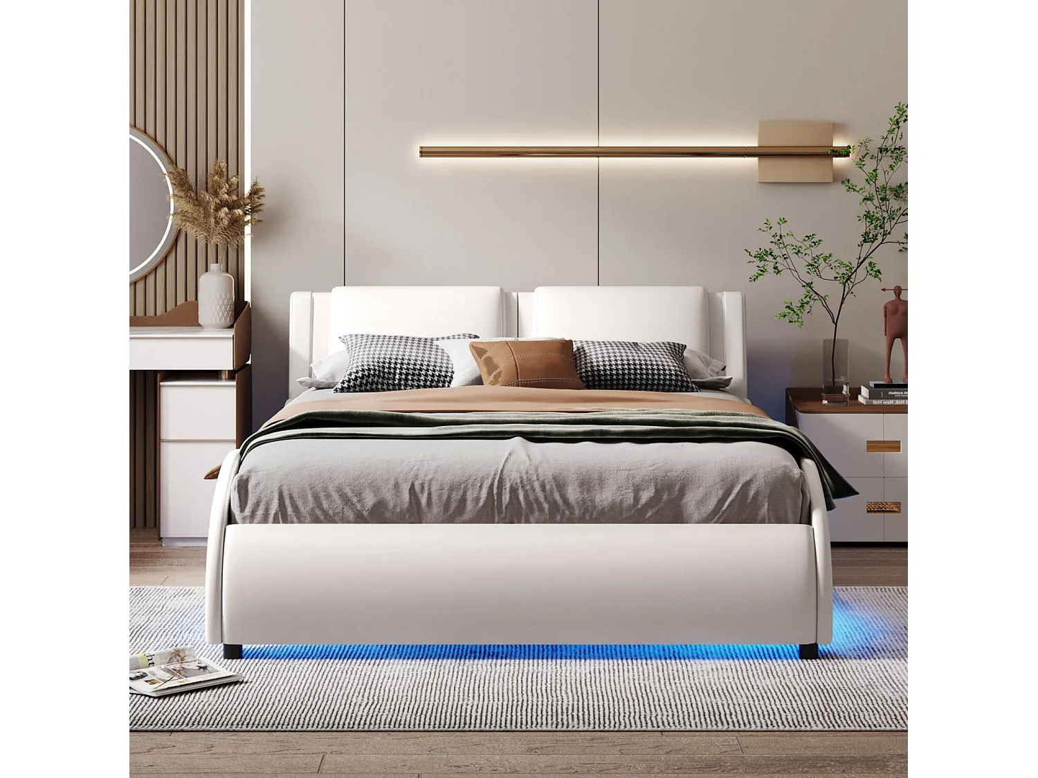 140x200cm gepolstertes Erwachsenenbett, Kunstlederbett, LED-beleuchteter Bettrahmen, Lattenrost, Kopfteil, weiß