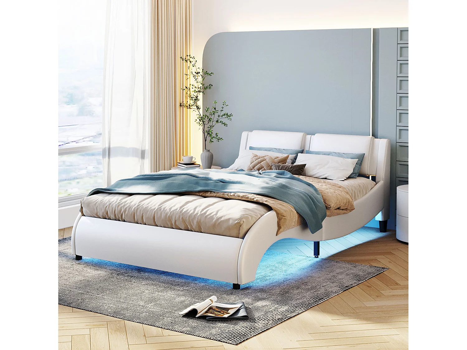 140x200cm gepolstertes Erwachsenenbett, Kunstlederbett, LED-beleuchteter Bettrahmen, Lattenrost, Kopfteil, weiß