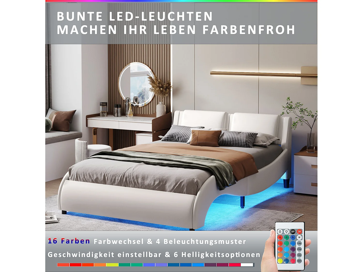 140x200cm gepolstertes Erwachsenenbett, Kunstlederbett, LED-beleuchteter Bettrahmen, Lattenrost, Kopfteil, weiß