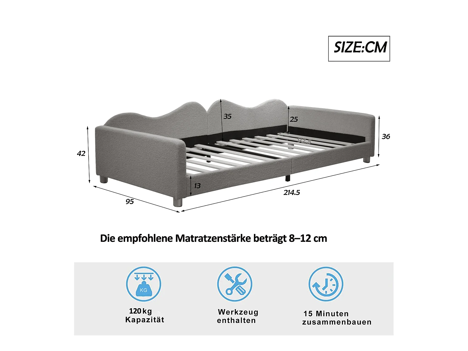 Lit simple d'enfant 90x200cm - lit capitoinné en tissu Teddy avec sommier et dossier et accoudoirs, canapé-lit gris